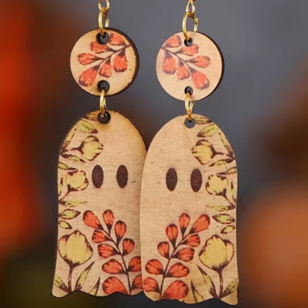 Floral Wooden Ghost Earrings